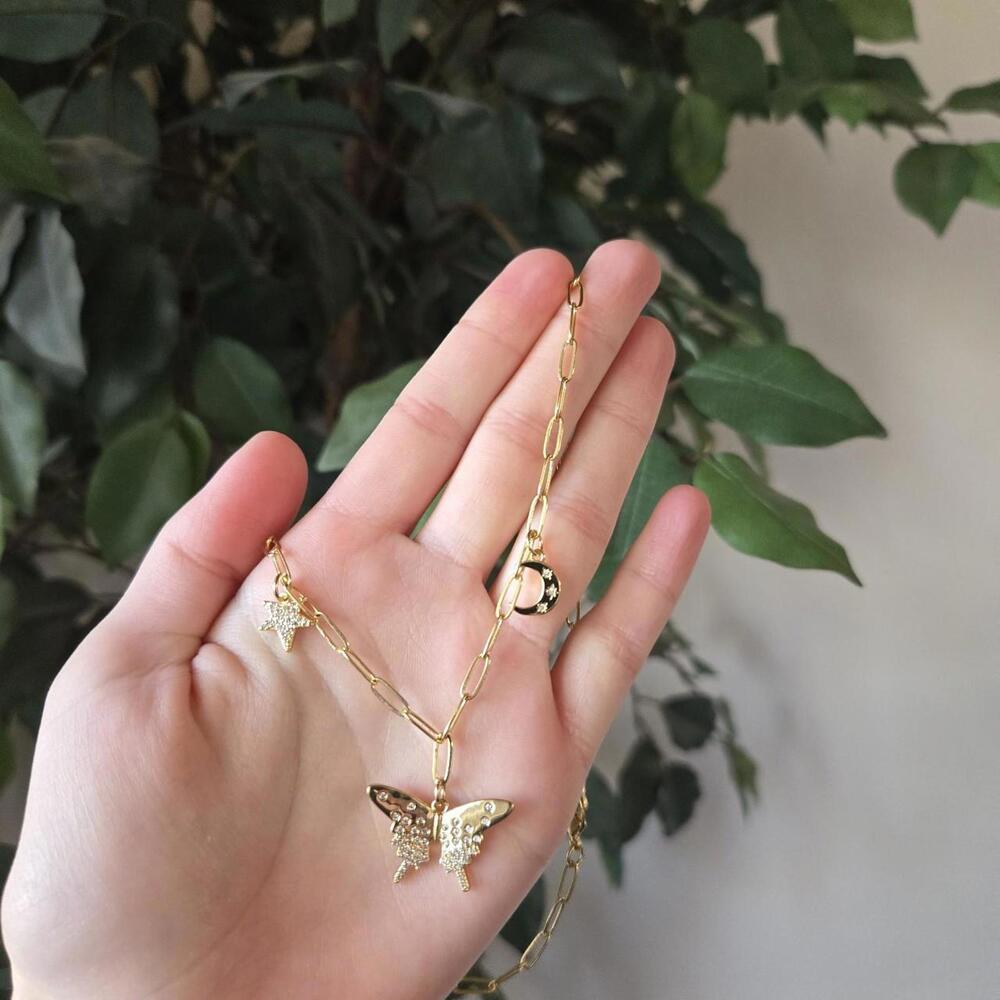 18k Gold Paperclip Charm Necklace, butterfly